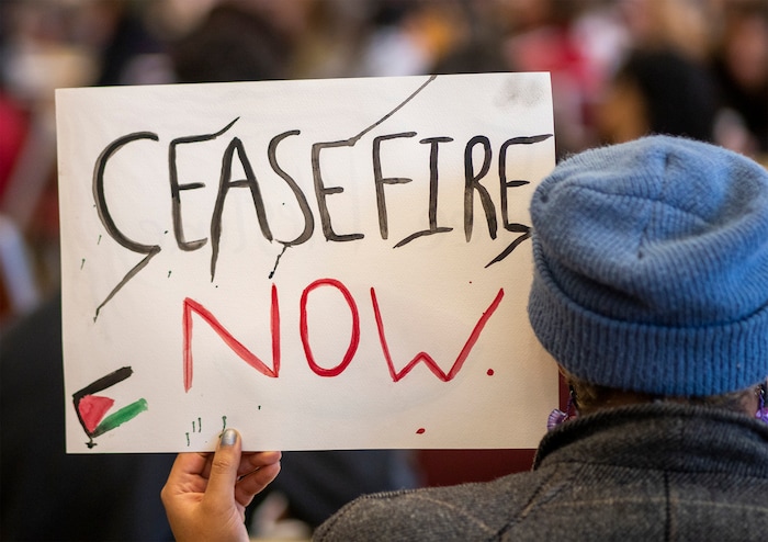 (Rick Egan | The Salt Lake Tribune)  Protesters chant during a sit-in, as the group Mecha occupies the Union Ballroom during a protest on the University of Utah Campus, on Wednesday, Nov. 15, 2023.
