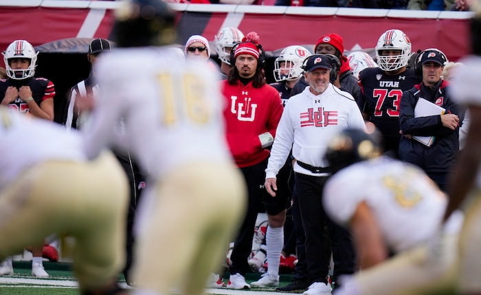 (Bethany Baker  |  The Salt Lake Tribune) Utah Utes head coach Kyle Whittingham watches the game against the Colorado Buffaloes at Rice-Eccles Stadium in Salt Lake City on Saturday, Nov. 25, 2023.