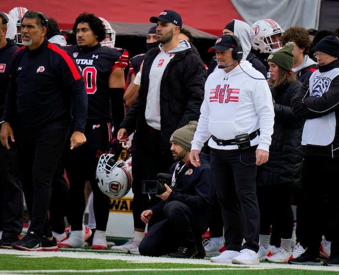 (Bethany Baker  |  The Salt Lake Tribune) Utah Utes head coach Kyle Whittingham watches the game against the Colorado Buffaloes at Rice-Eccles Stadium in Salt Lake City on Saturday, Nov. 25, 2023.