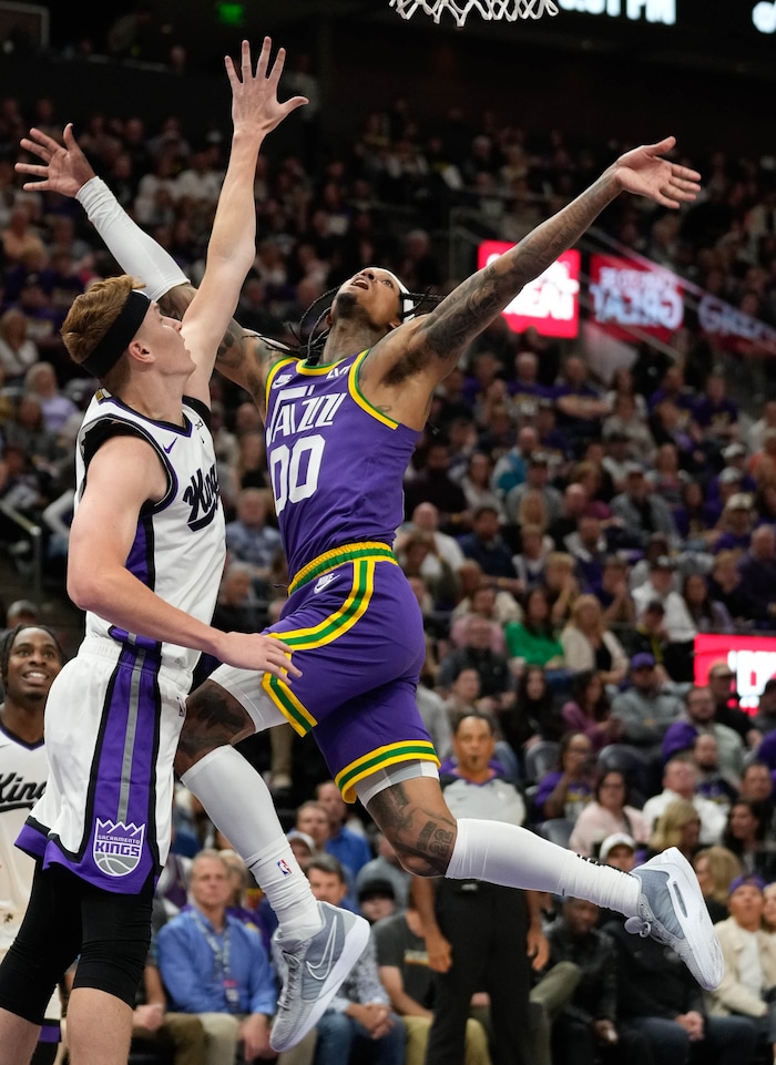 (Francisco Kjolseth  |  The Salt Lake Tribune) Utah Jazz guard Jordan Clarkson (00) sees his shot go astray as the Utah Jazz host the Sacramento Kings, during NBA basketball in Salt Lake City on Wednesday, Oct. 25, 2023.