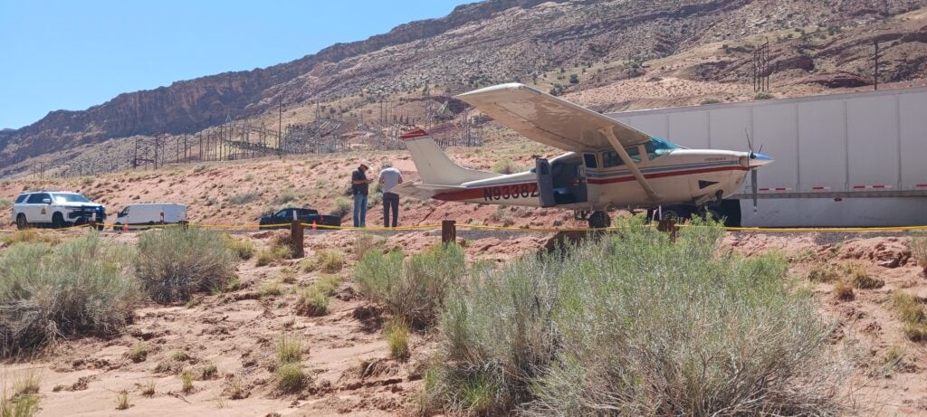 (Doug McMurdo | The Times-Independent) A plane landed on Highway 191 Thursday, Aug. 15, 2024.