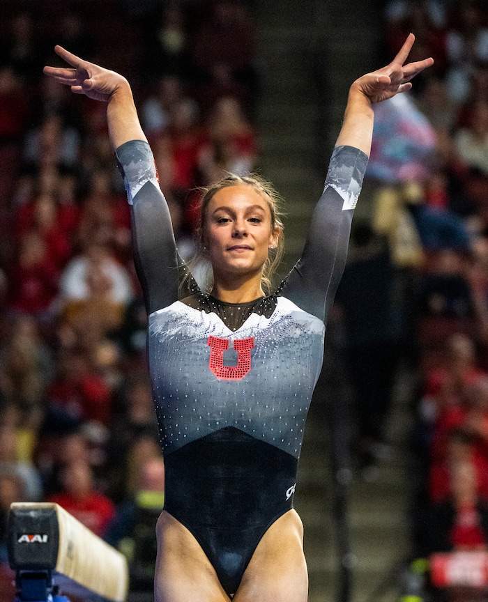 (Rick Egan | The Salt Lake Tribune) Grace McCallum competes on the beam for Utah, during a meet between Utah, LSU, Oklahoma and UCLA at the Maverik Center, on Saturday, Jan. 13, 2024.
