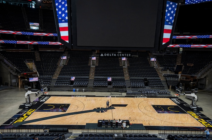 (Rick Egan | The Salt Lake Tribune) A contestant performs for the judges, during the Jazz National Anthem at the Delta Center, on Tuesday, Aug. 29, 2023.
