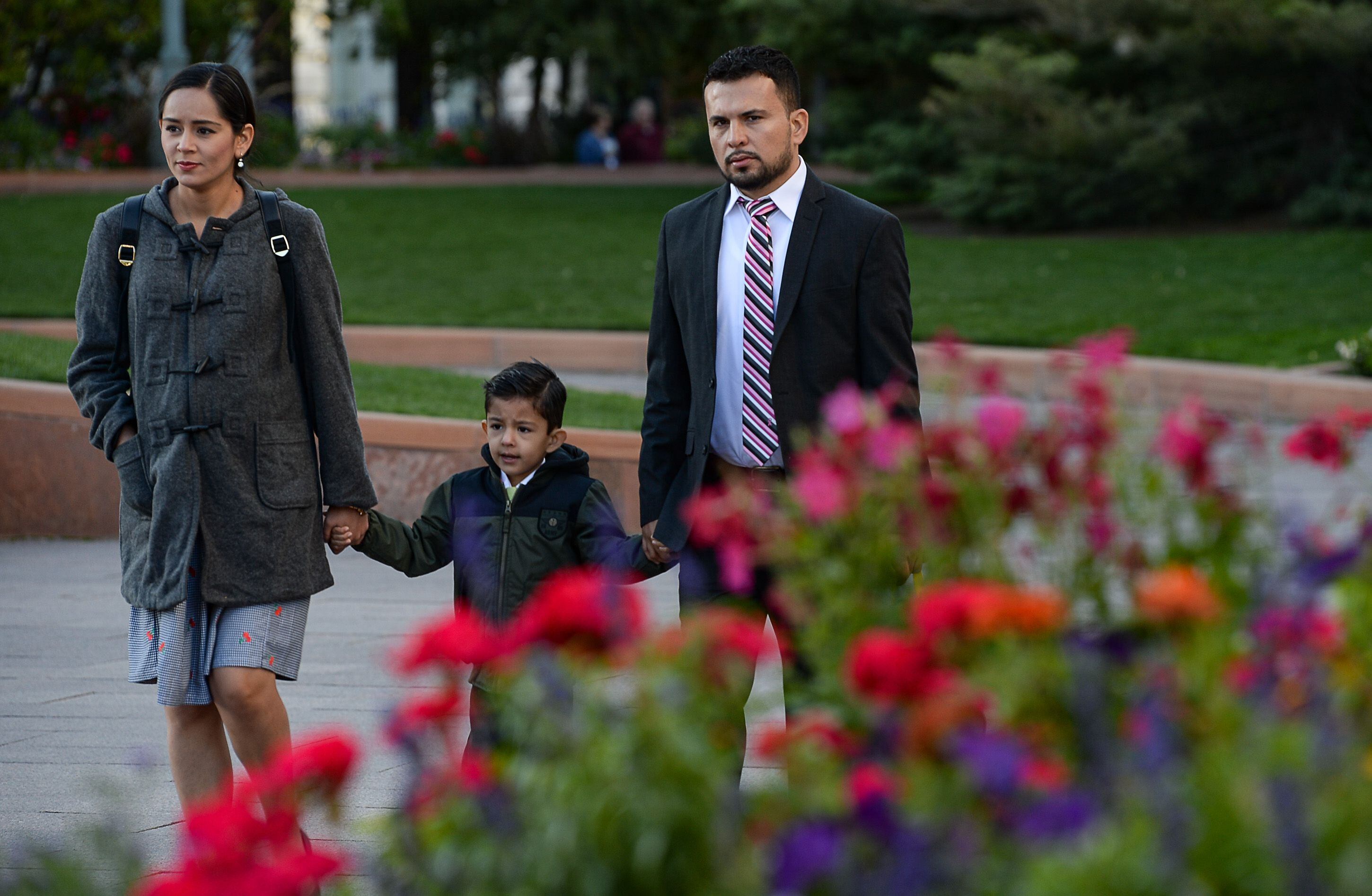 (Francisco Kjolseth | The Salt Lake Tribune) Jesus Abram Alvarado, 5, holds hands with his parents Elisabeth and Leonel Alvarado as people arrive for the Sunday session of the 189th twice-annual General Conference of The Church of Jesus Christ of Latter-day Saints at the Conference Center in Salt Lake City on Sunday, Oct. 6, 2019.