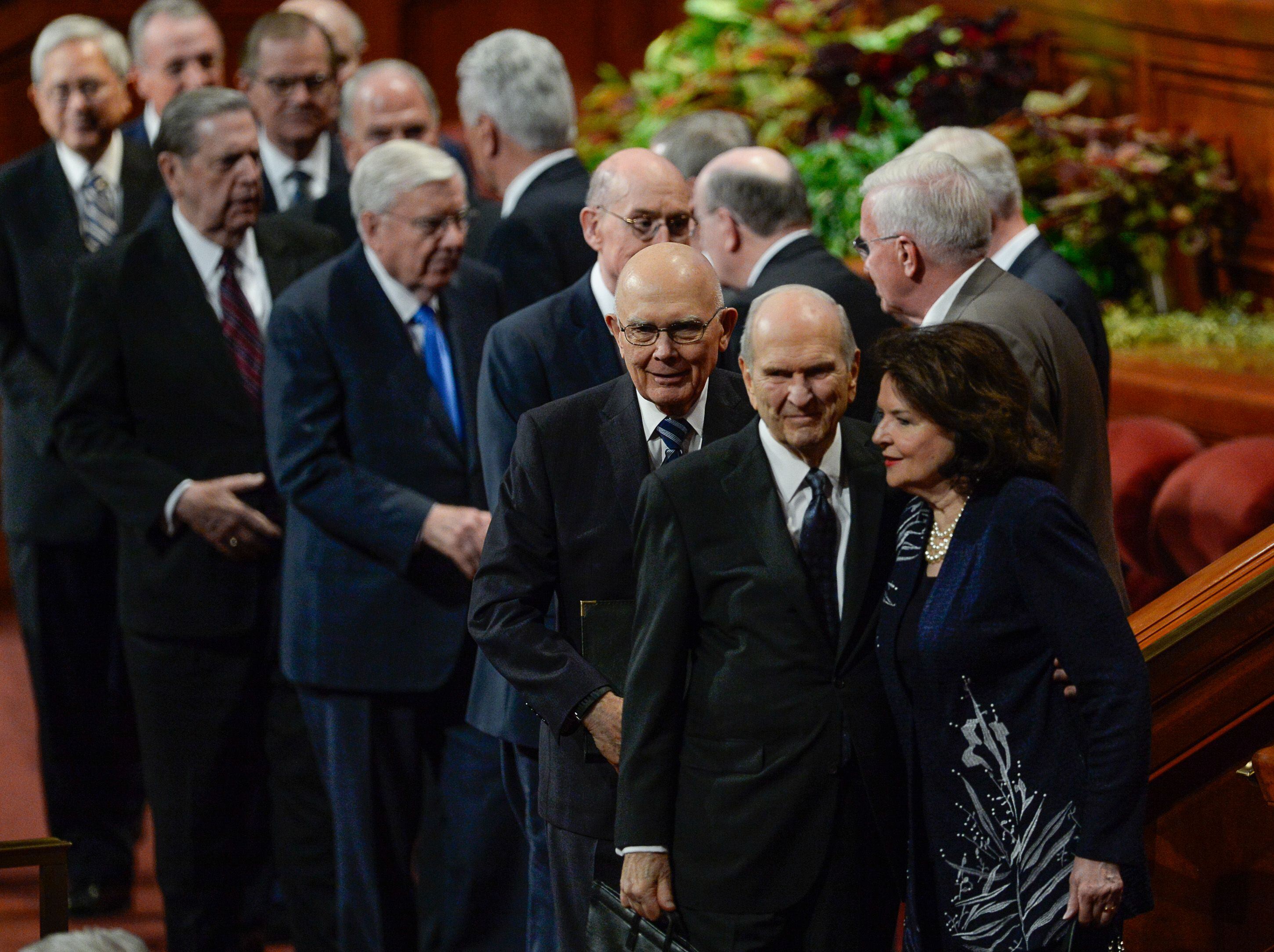 (Francisco Kjolseth | The Salt Lake Tribune) President Russell M. Nelson is joined by his wife Sister Wendy Nelson following the conclusion of the 189th twice-annual General Conference of The Church of Jesus Christ of Latter-day Saints at the Conference Center in Salt Lake City on Sunday, Oct. 6, 2019.