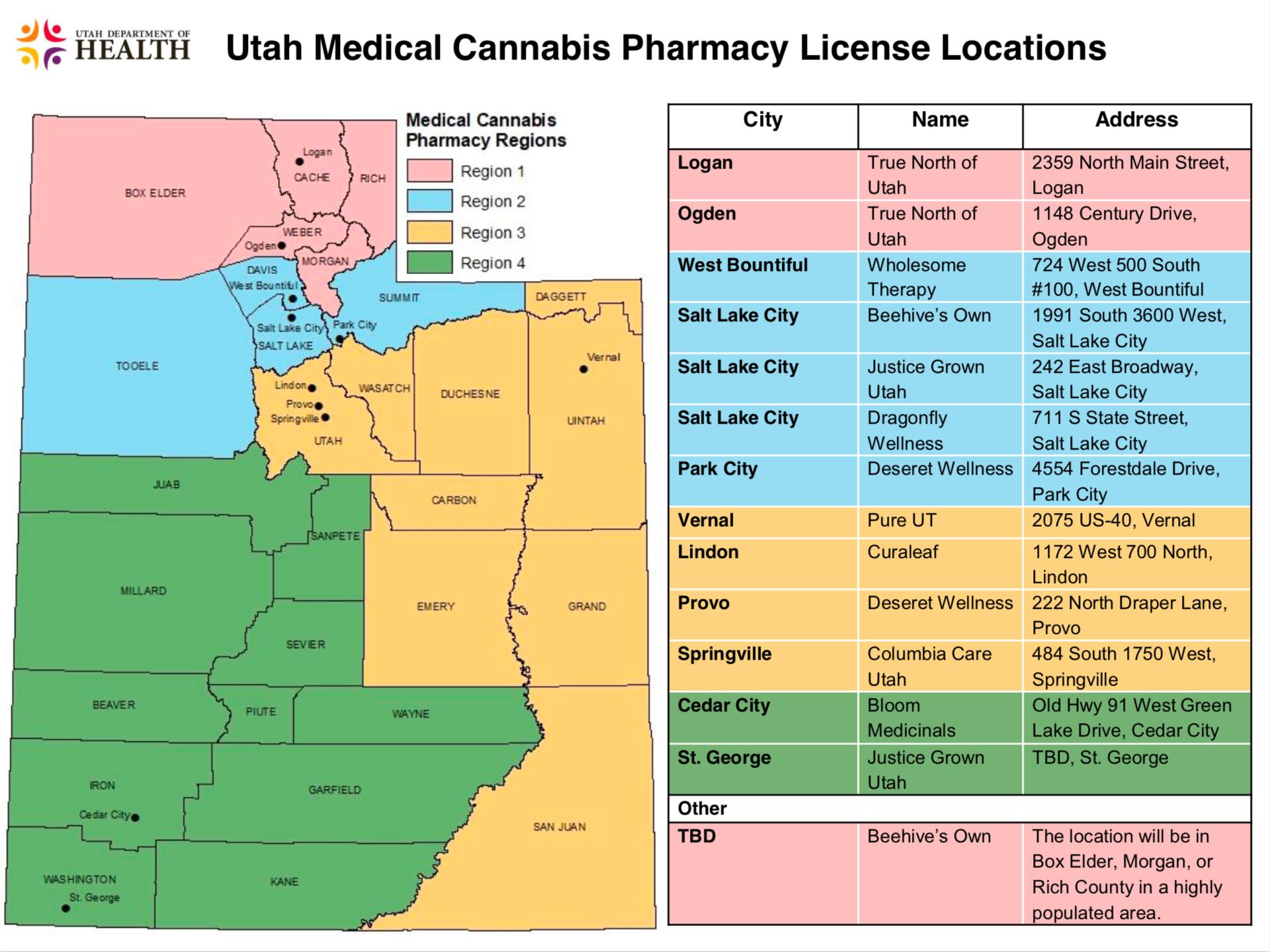 (Courtesy of the Utah Department of Health) State officials released the names and locations of Utah's medical marijuana pharmacies on Friday, Jan. 3, 2020. Some of the pharmacies could be up and running by March 2020.