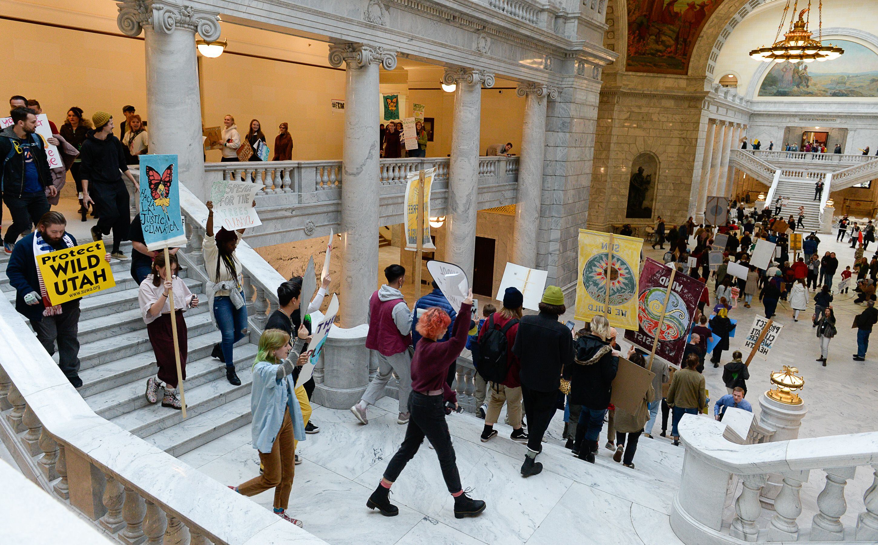 (Francisco Kjolseth | The Salt Lake Tribune) Fridays For Future, Utah Youth Environmental Solutions, and partners strike in opposition to UtahÕs final oil and gas lease sale of 2019 that will auction off public lands and further fossil fuel development during a rally at the Utah Capitol on Friday, Dec. 6, 2019, that moved into the rotunda and concluded outside of Gov. Gary Herberts office.