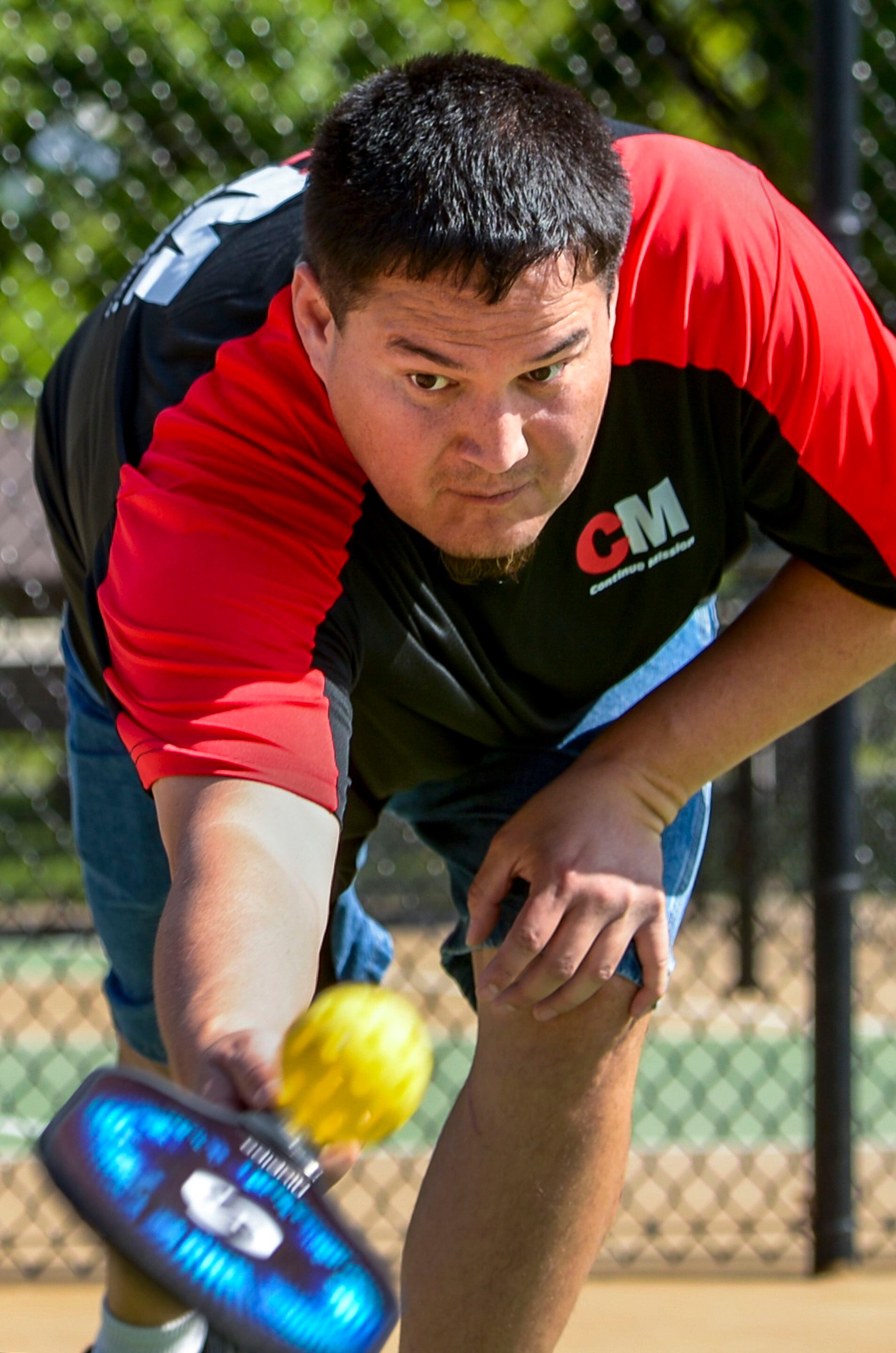 (Leah Hogsten | The Salt Lake Tribune) Veteran Dakoda Antelope makes the save during pickleball at Hogan Park in Bountiful, May 14, 2019. Veteran suicide rates in Utah, are second highest, with the exception of Montana. The non-profit group Continue Mission serves the Veteran population to heal physical, mental, and emotional injuries through recreational programs like pickleball to promote health, mental well-being and positive life changing experiences.