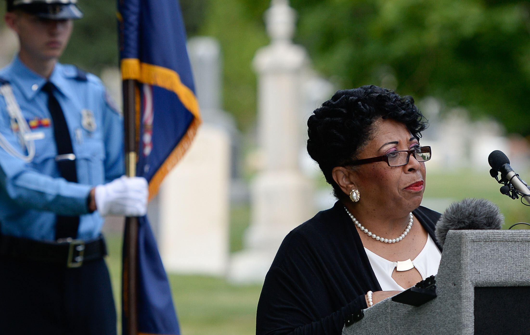 (Francisco Kjolseth | The Salt Lake Tribune) Jeanetta Williams, NAACP President, says a few words in conjunction with the 400th anniversary of the arrival of African slaves in the United States, as Salt Lake City dedicates the first grave marker for Tom, an enslaved Black pioneer who was buried in the Salt Lake City Cemetery in 1862. The placement and dedication of the marker on Thursday, Aug. 22, 2019, is the result of research initially conducted by Mark Smith, the former sexton of the Cemetery.