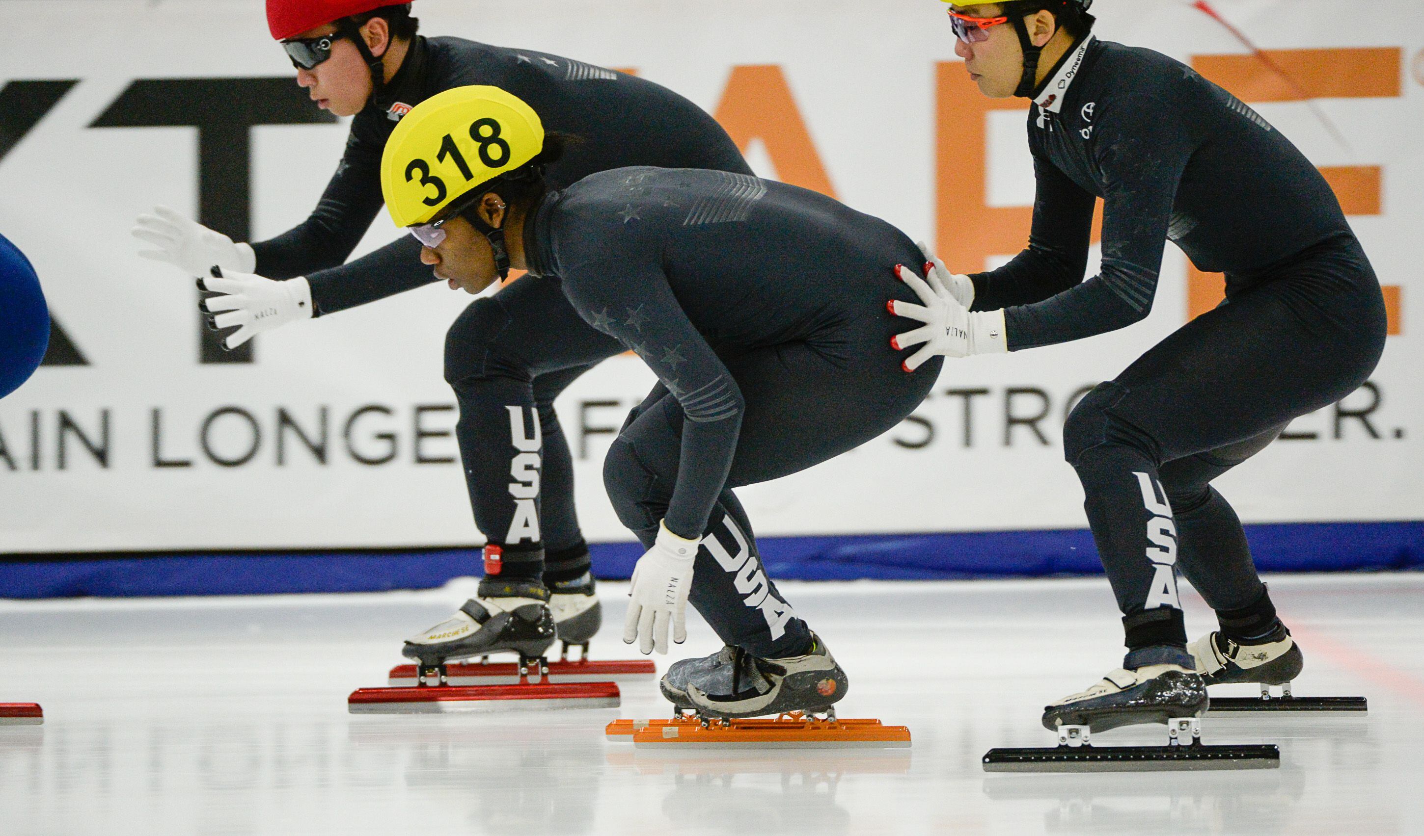 (Francisco Kjolseth | The Salt Lake Tribune) Maame Biney, center, competes in the 2000 meter mixed semifinal relay race as part of the U.S. Short Track Speedskating championships on Friday, Jan. 3, 2020, at the Utah Olympic Oval in Kearns.