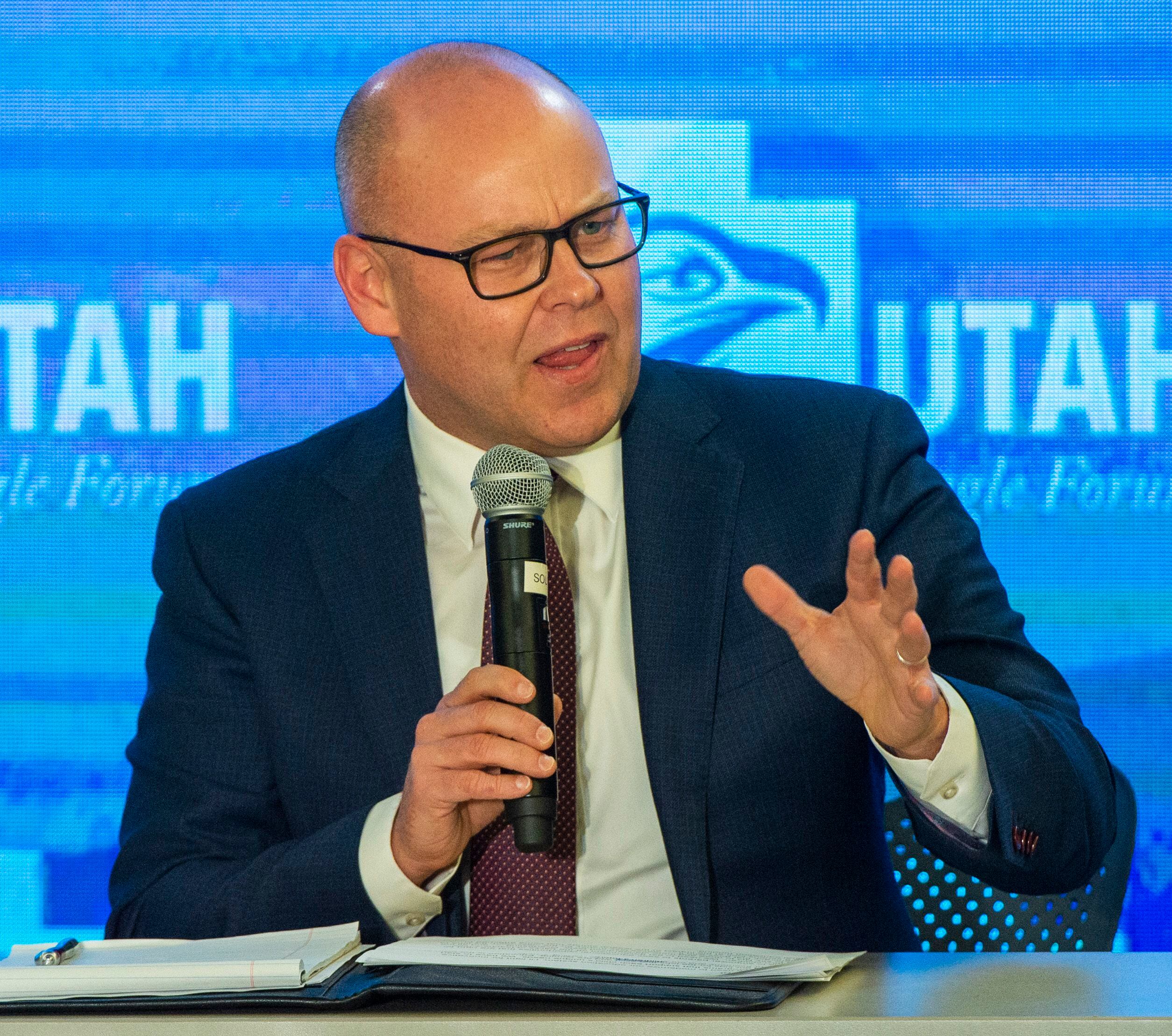 (Rick Egan | The Salt Lake Tribune) Jeff Burningham answers a question during a Panel of Gubernatorial Candidates, at the annual Utah Eagle Forum Convention, in Sandy, Saturday, Jan. 11, 2020.