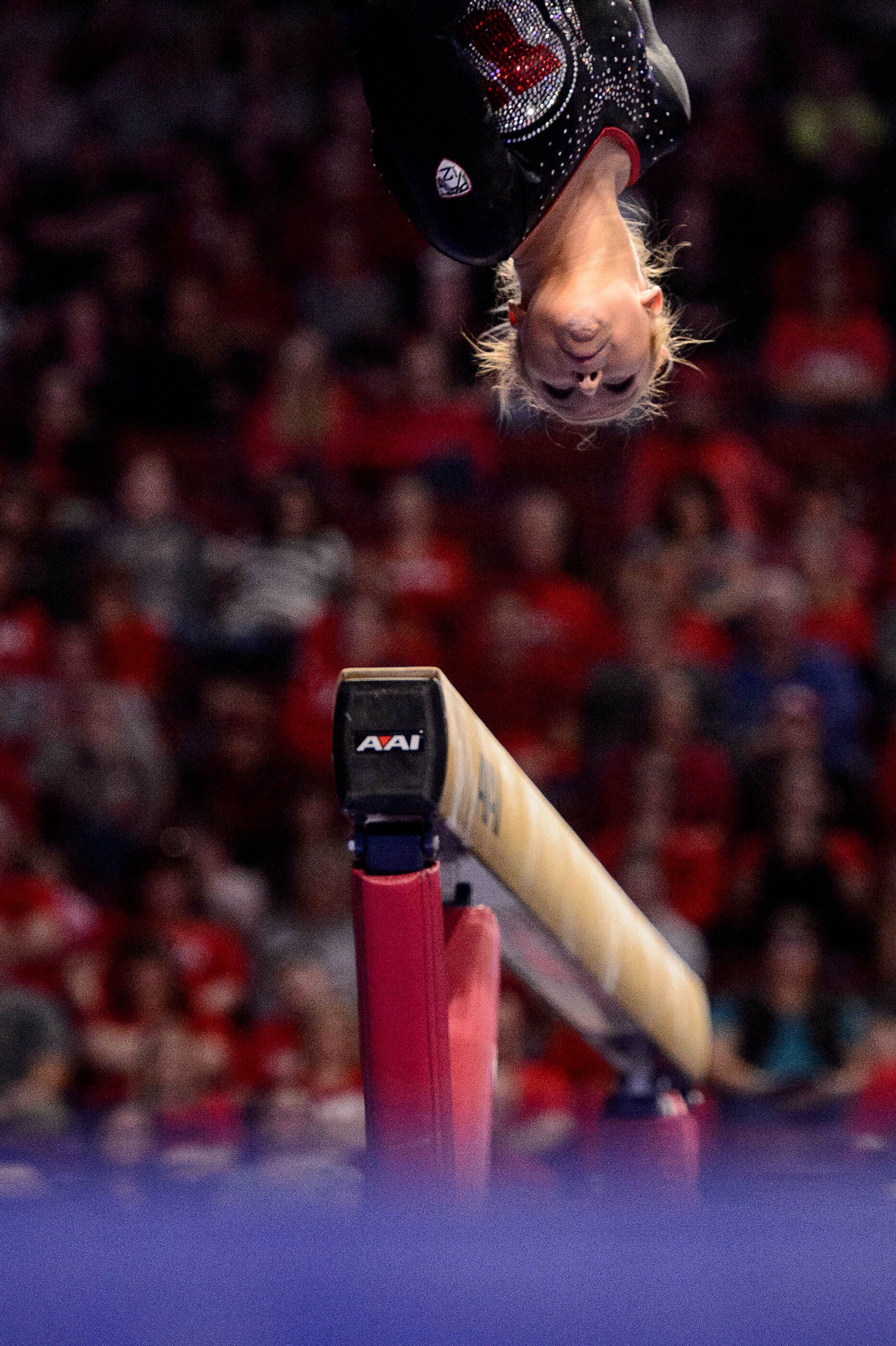 (Trent Nelson | The Salt Lake Tribune) Utah's Abby Paulson on the beam at the Best of Utah NCAA Gymnastics Meet in West Valley City on Saturday, Jan. 11, 2020.