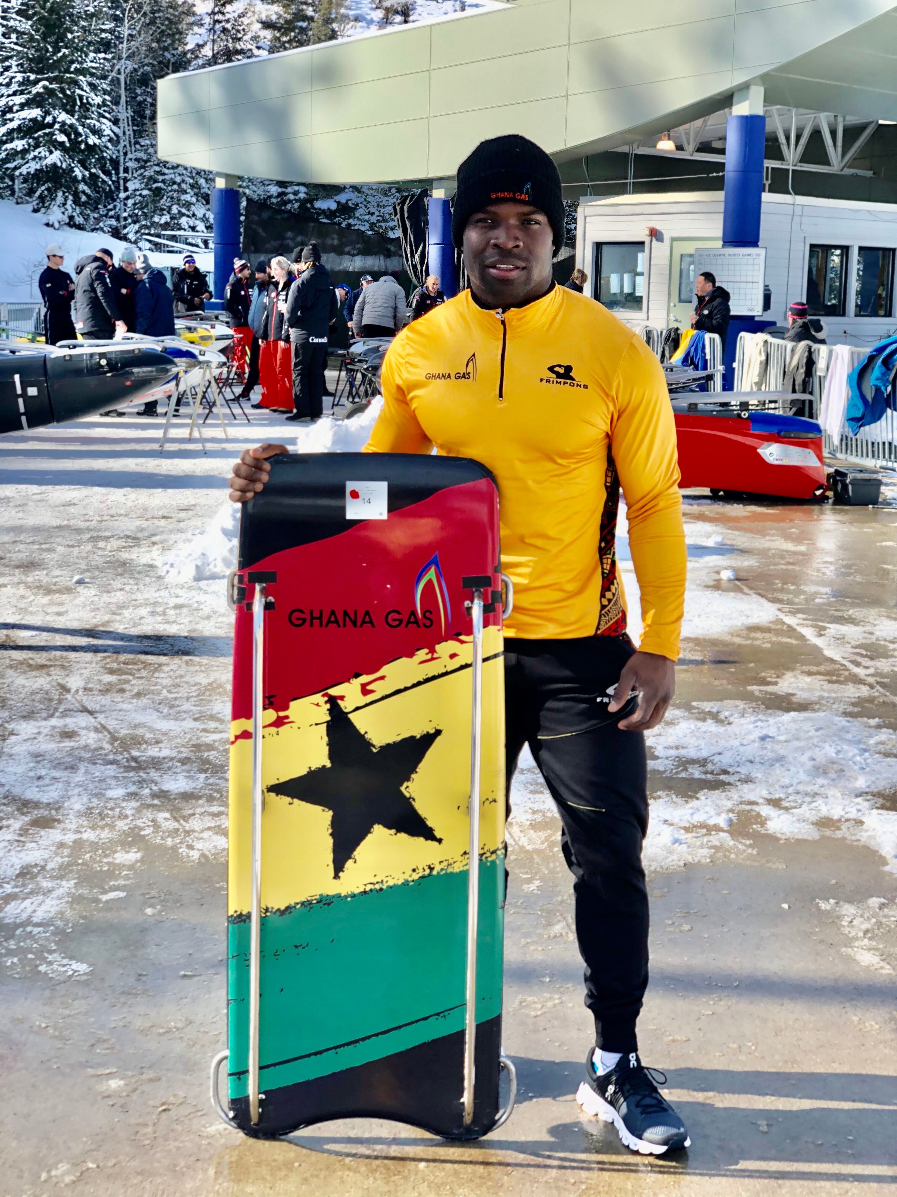 (Photo courtesy of Erica Schields) | Akwasi Frimpong of Ghana competed in the North America's Cup men's skeleton races held Dec. 9-10, 2019, at Utah Olympic Park. Frimpong, a Salt Lake City resident who in 2018 became just the second Ghanian to compete in the winter Olympics, is on the road to qualify for the Beijing games in 2022.