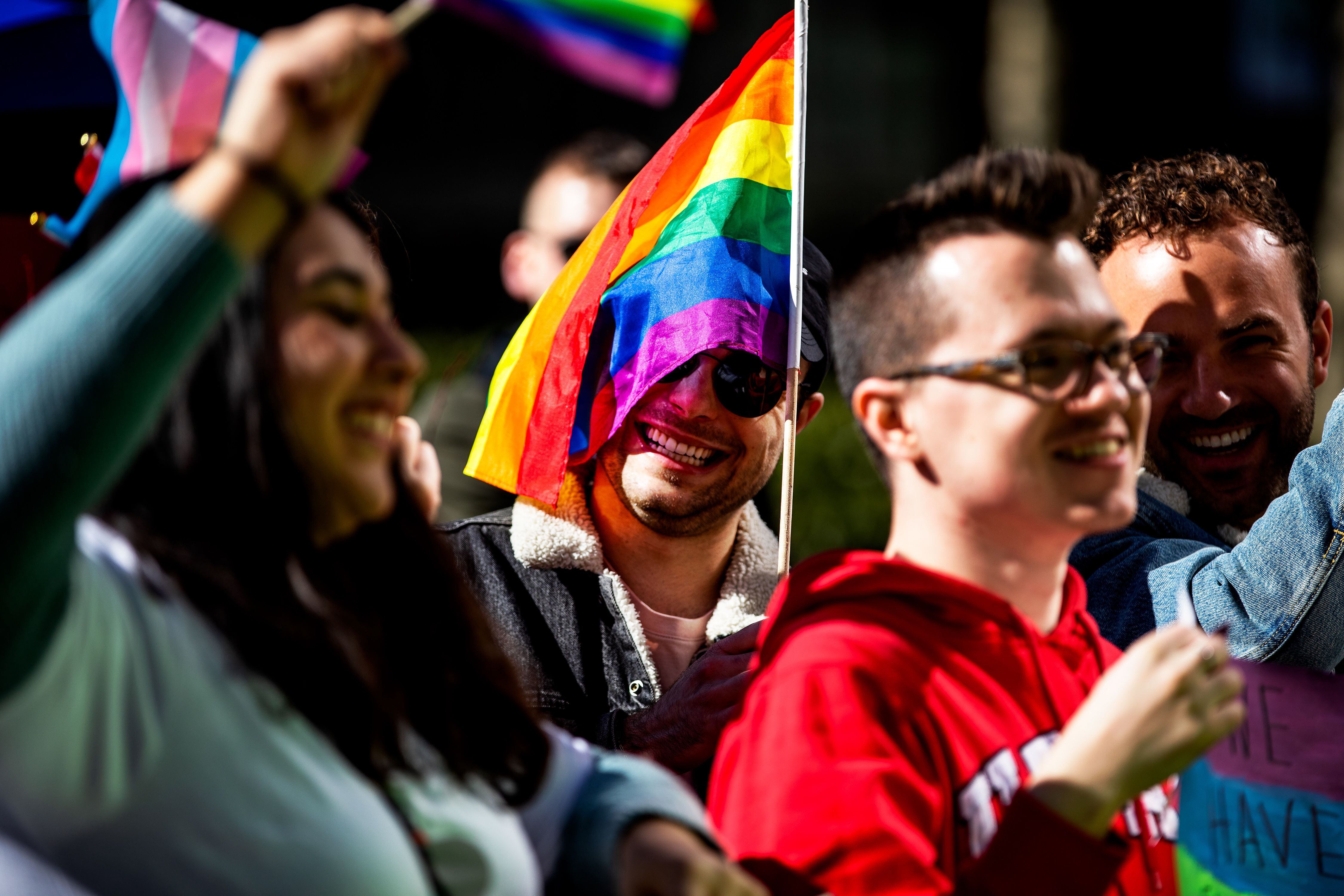 (Demetrius Freeman | for The Salt Lake Tribune) Current and former members of the Church of Jesus Christ of Latter-day Saints, the LGBTQ+ community, and supporters gather at Lincoln square across from the Mormon temple in Manhattan, New York, on March 7, 2020, to stand in solidarity with LGBTQ+ students who attending Brigham Young University. Brigham Young University reinstated homophobic policies in their student handbook that prohibit Òhomosexual behavior.Ó