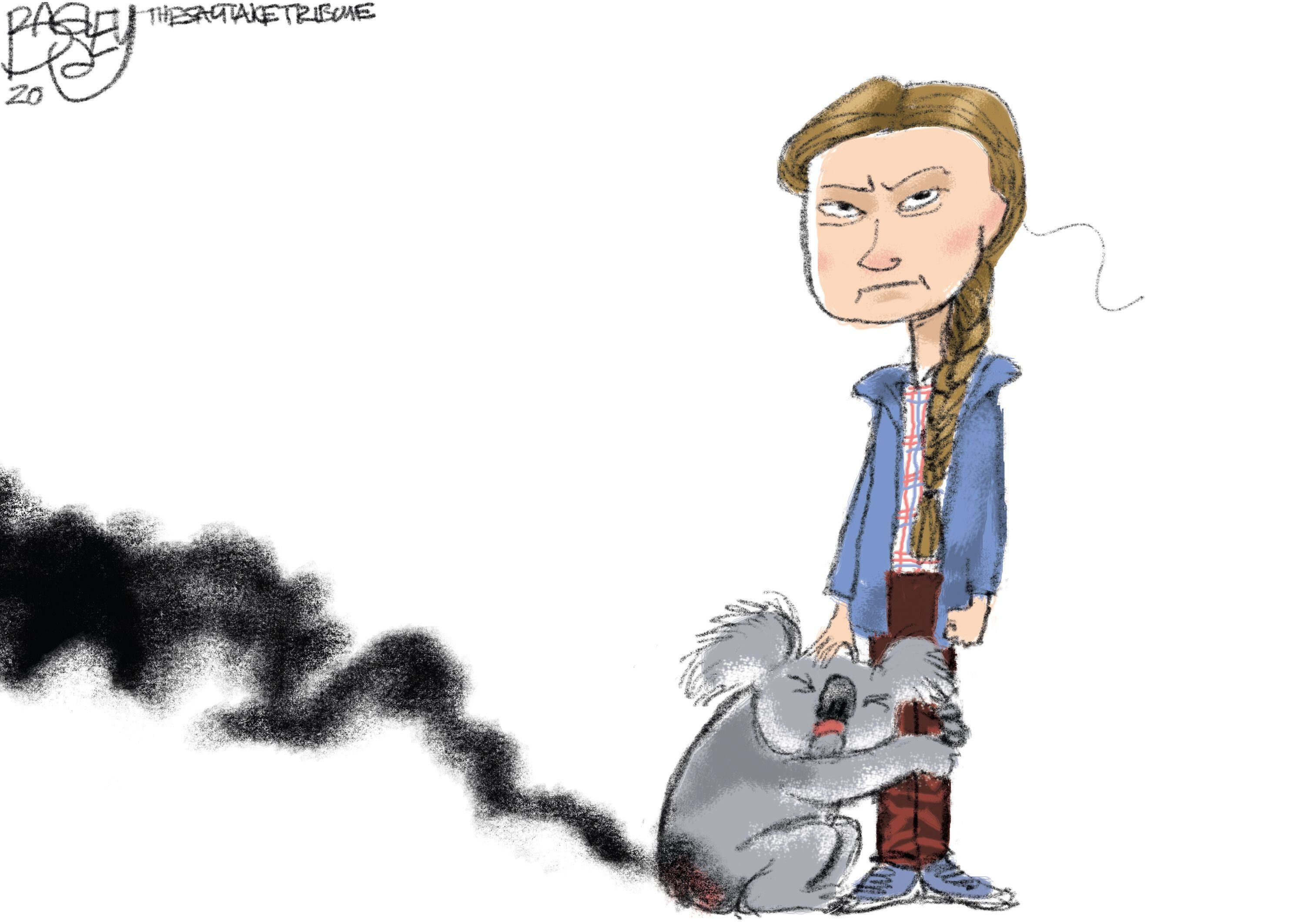 (Pat Bagley | The Salt Lake Tribune) This cartoon, titled "Greta's Glare," appears in The Salt Lake Tribune on Tuesday, Jan. 7, 2020.