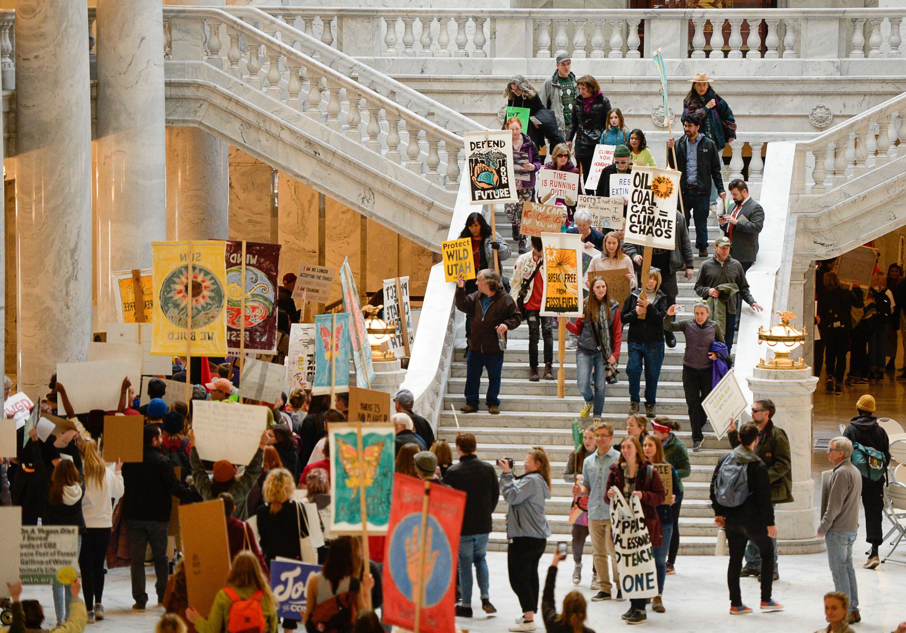 (Francisco Kjolseth | The Salt Lake Tribune) Fridays For Future, Utah Youth Environmental Solutions, and partners strike in opposition to UtahÕs final oil and gas lease sale of 2019 that will auction off public lands and further fossil fuel development during a rally at the Utah Capitol on Friday, Dec. 6, 2019, that moved into the rotunda and concluded outside of Gov. Gary Herberts office.