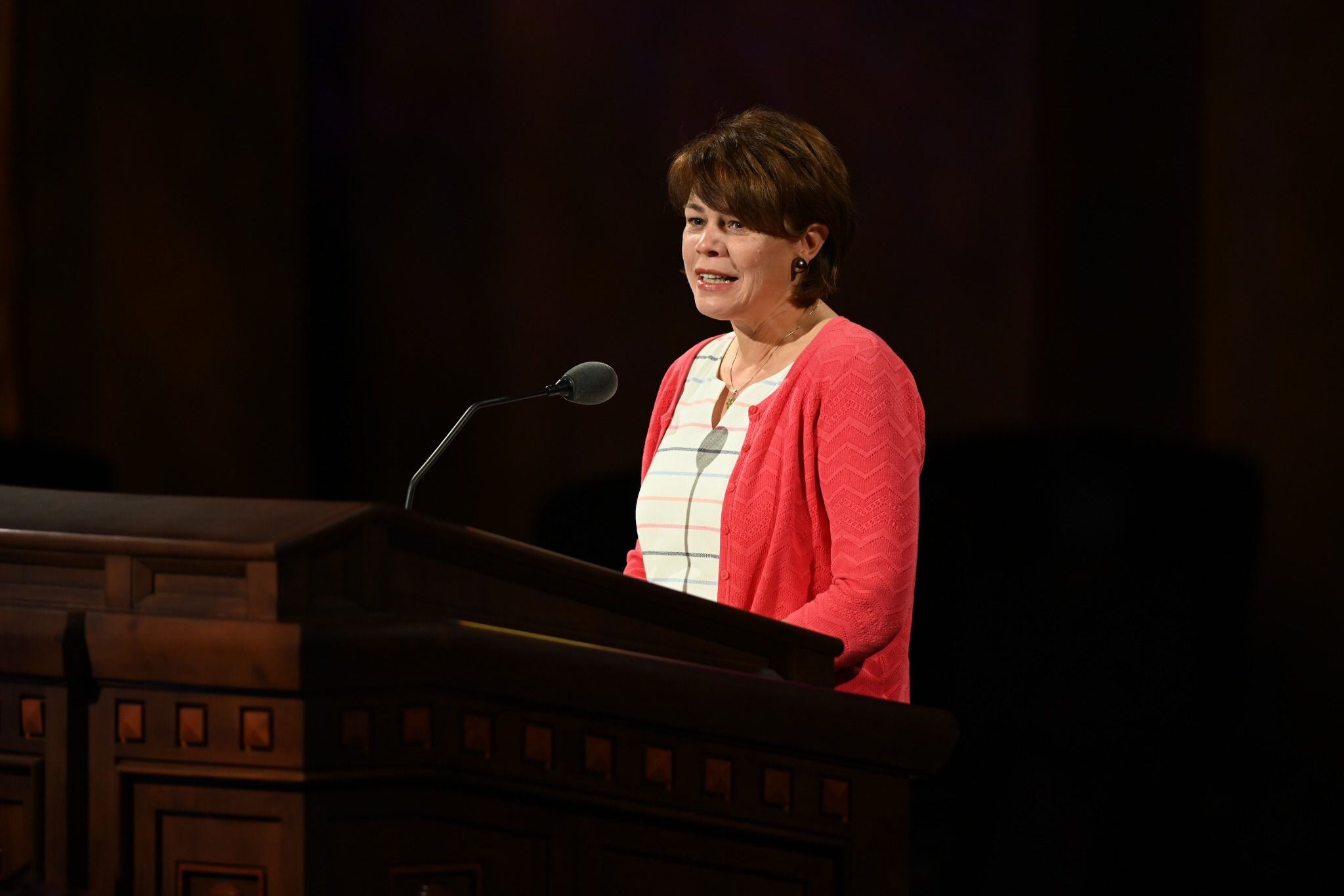 (Photo courtesy of The Church of Jesus Christ of Latter-day Saints) Sharon Eubank of the Relief Society general presidency speaks at the women's session of the October 2020 General Conference on Saturday, Oct. 3, 2020.