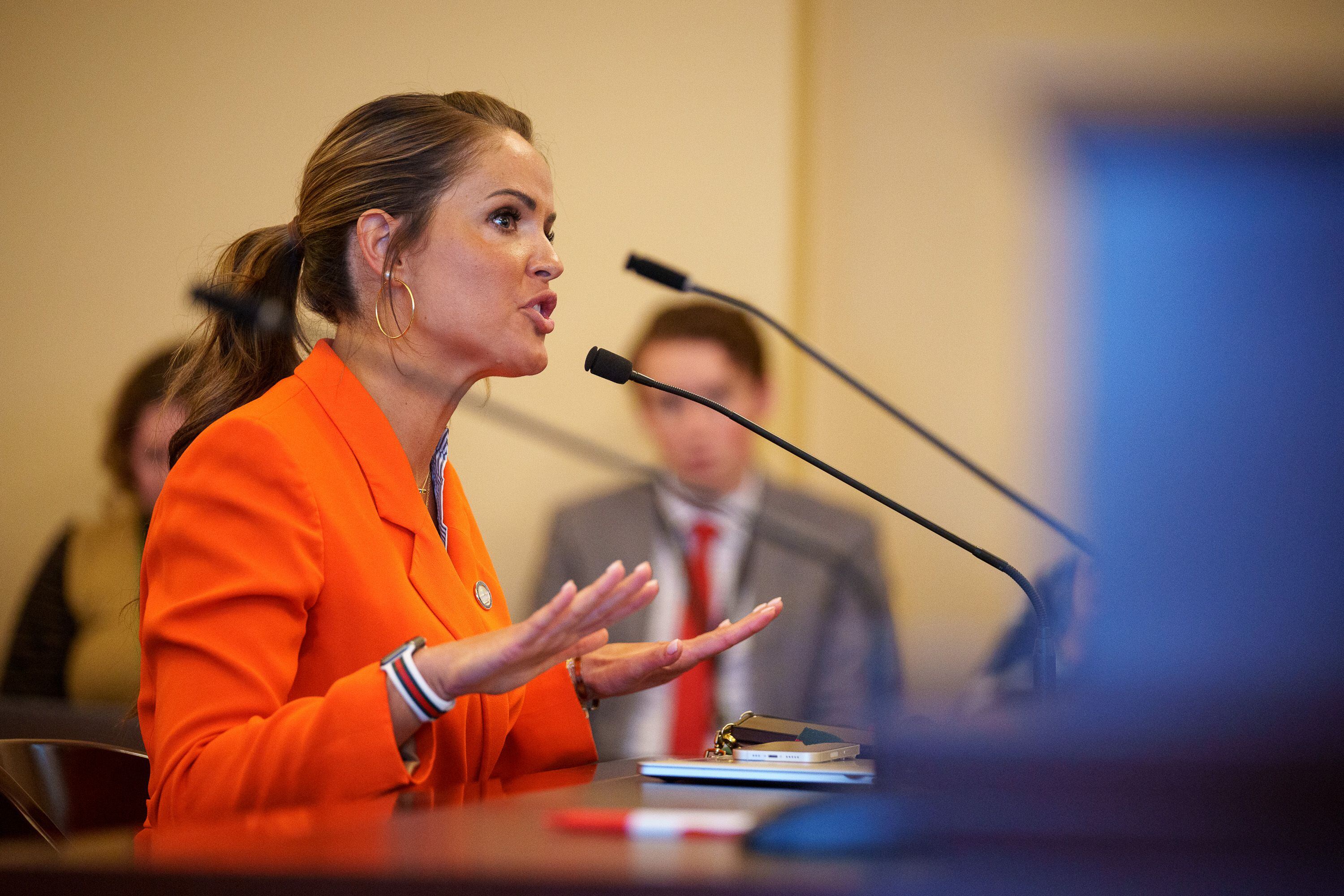 (Trent Nelson | The Salt Lake Tribune) Rep. Kera Birkeland, R-Morgan, presents her bill to narrow Utah's legal definitions of sex to exclude transgender people (HB 257) at a meeting of the House Business and Labor Committee at the Utah Capitol in Salt Lake City on Wednesday, Jan. 17, 2024.