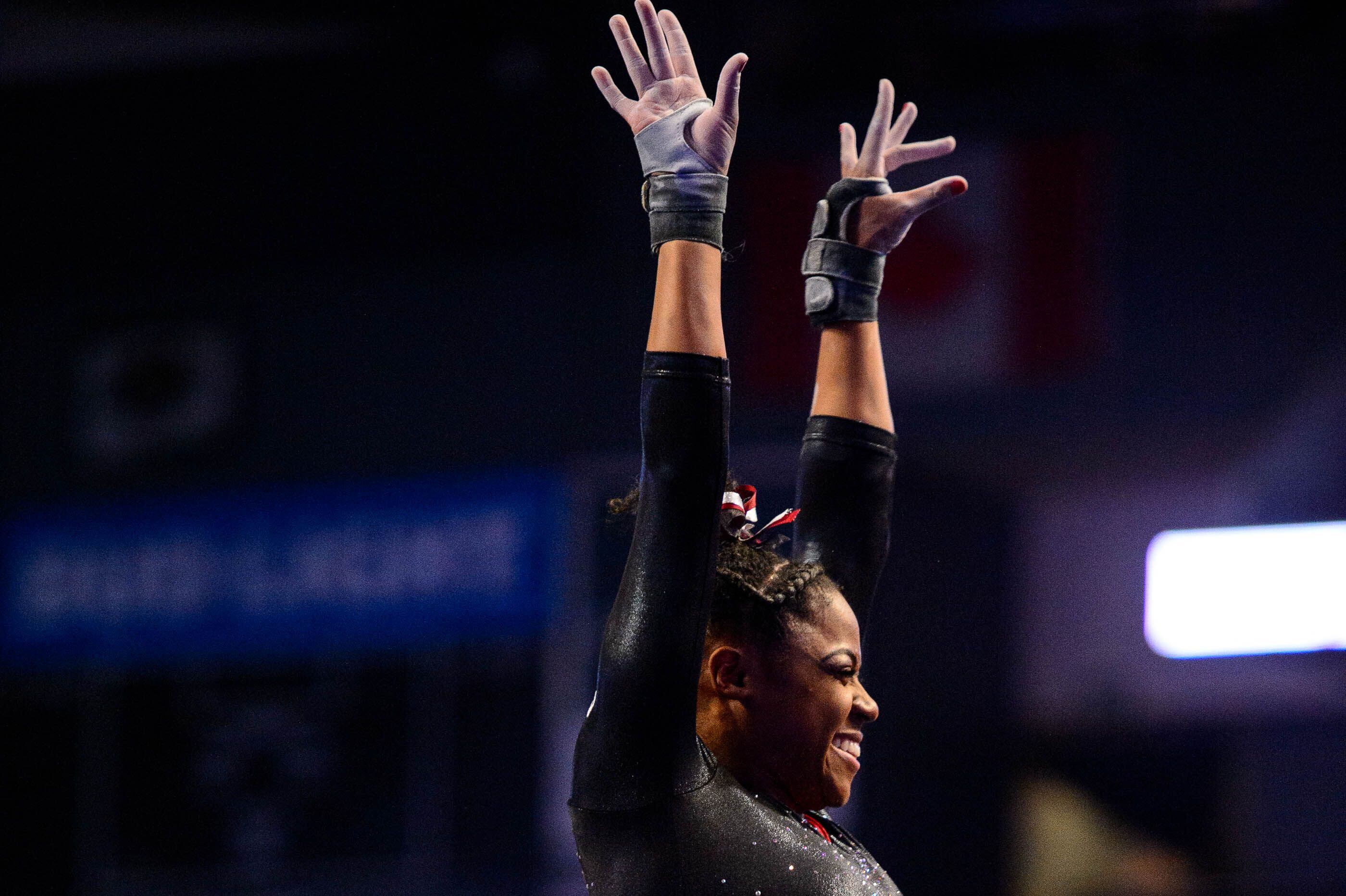 (Trent Nelson | The Salt Lake Tribune) Utah's Cammy Hall on the vault at the Best of Utah NCAA Gymnastics Meet in West Valley City on Saturday, Jan. 11, 2020.